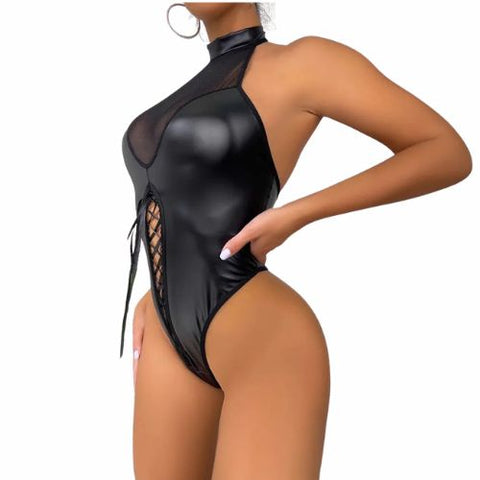 De Namour Faux Leather Mesh Bodysuit w Lace-up Front Black from Nice 'n' Naughty