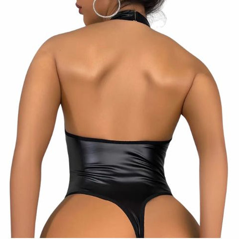 De Namour Faux Leather Mesh Bodysuit w Lace-up Front Black from Nice 'n' Naughty