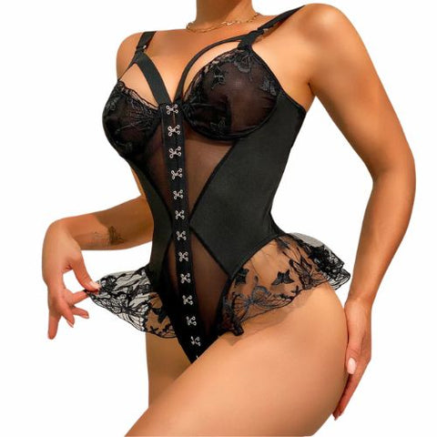 De Namour Ruffled ‌Lace Mesh Bodysuit w Hook Front Black from Nice 'n' Naughty