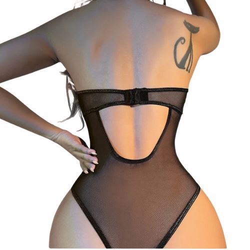 De Namour Sheer Mesh Halter Bodysuit with Zip-down Front Black from Nice 'n' Naughty